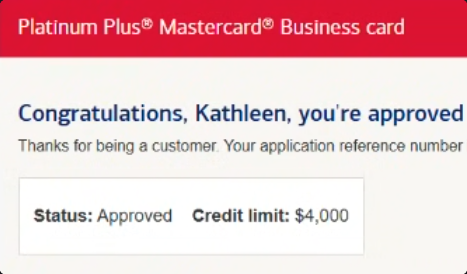 Kayce approval screenshot, $4,000 Bank of America Business (4th card)