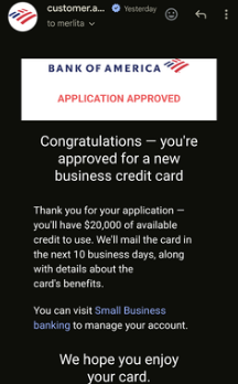 Merlita approval screenshot, $20,000 Bank of America Business Advantage